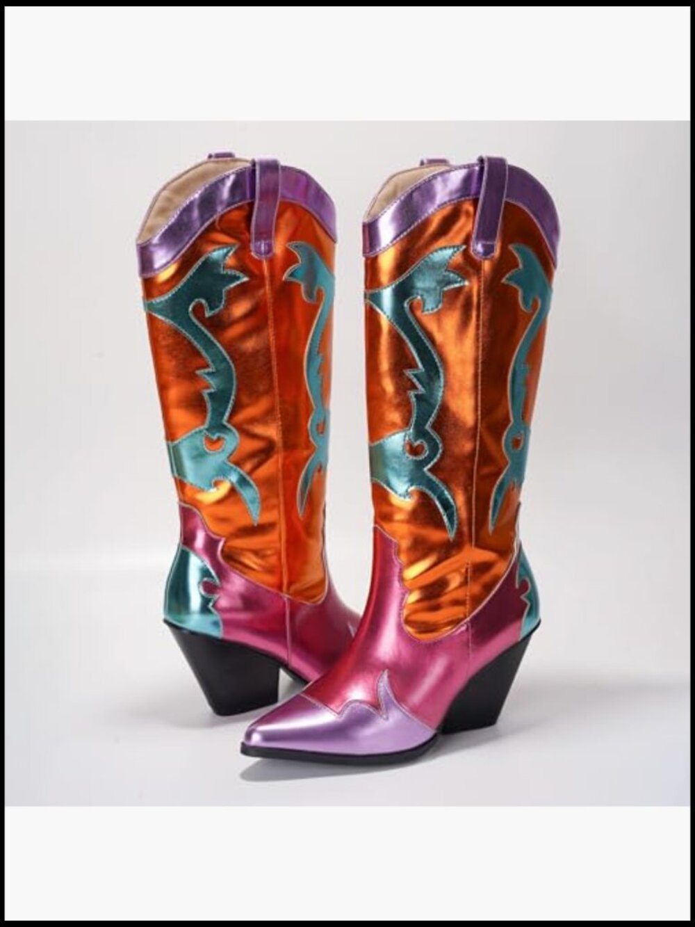 Metallic Colorblock Cowboy Boots Mid Calf 3 Inch Heel Pointed Toe Western Boots - Picture 4 of 7